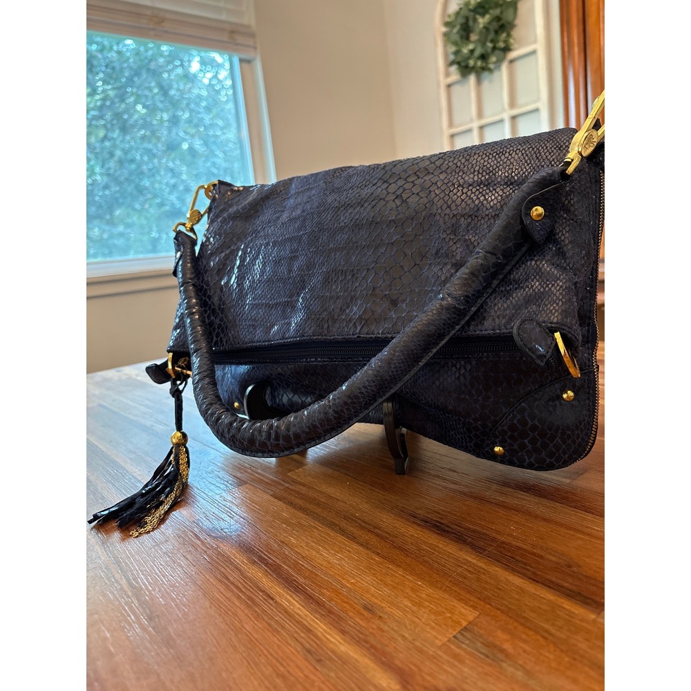 JM Collection Shoulder Bag Womens OS Navy Blue Good Snakeskin Tassel Foldover
